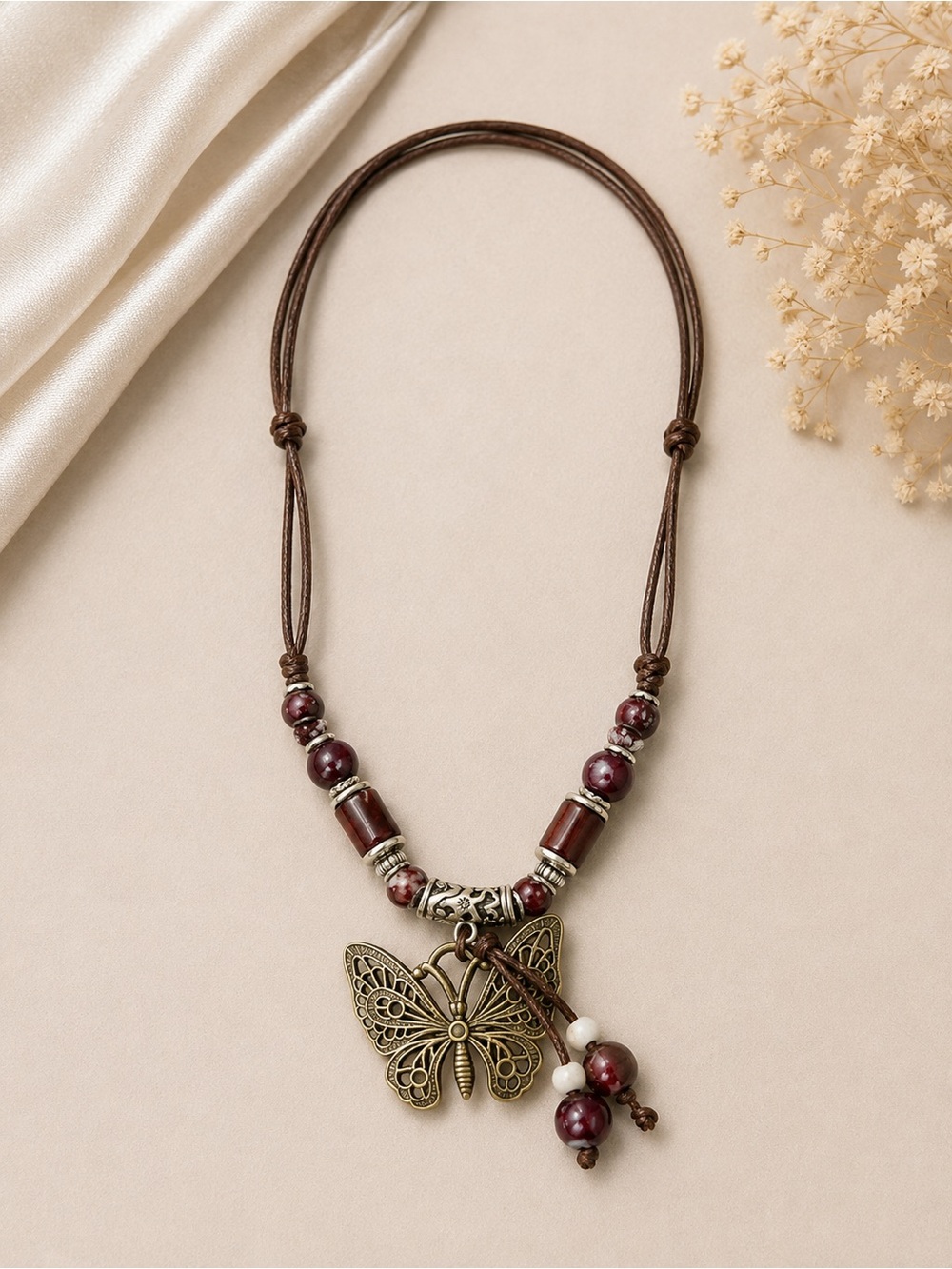 Bohemian Brown & Burgundy Butterfly Pendant Necklace